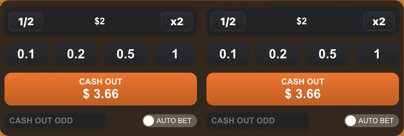 Flappy Rise Game double cash out winnings display showing payouts from both bet panels