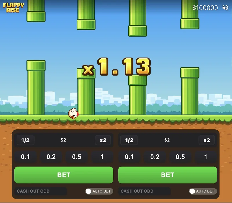 Flappy Rise Game gameplay with active multiplier display and betting panel controls
